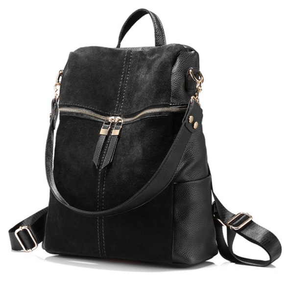 Handbags - Black Gold Suede Leather Backpack Purse NEW!!